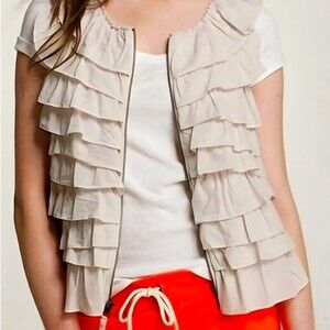 J.Crew Beige Ruffle Zipper Vest Small Preppy Layering Piece Sleeveless